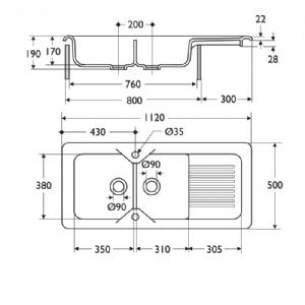 Armitage Shanks Commercial Sanitaryware -  Armitage Shanks Ceramas 1130 X 500 X 190mm 1 7b Sink And Drn Wh Special