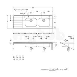 Armitage Shanks Commercial Sanitaryware -  Armitage Shanks Doon S5855 1800 X 600mm No Tap Holes Dblhd Sink Ss