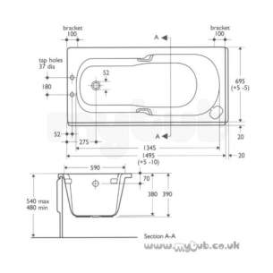 Ideal Standard Acrylic Baths -  Ideal Standard Studio 1500 X 700 Two Tap Holes Bath Plus Clr Grp White