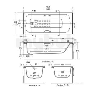 Sandringham 21 Acrylic Baths and Panels -  Armitage Shanks Sandringham 21 E0287 1600 Bath Plus Grips And Trd Wh