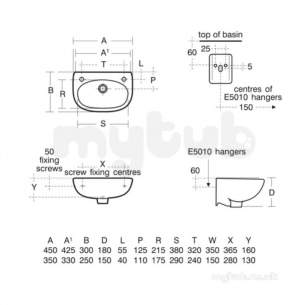 Ideal Standard Studio -  Ideal Standard Studio E2525 No Tap Hole Wall Mounted Basin Excluding Overflow 450mm White