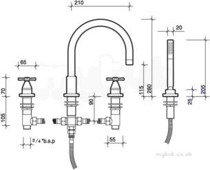 Twyfords Contemporary Brassware -  Rival 4 Hole Deck Mounted Bath Shower Mixer Swivel Nozzle Rl5455cp