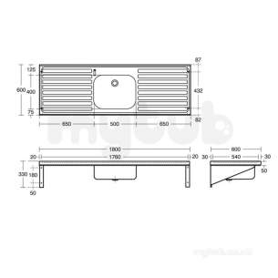 Armitage Shanks Commercial Sanitaryware -  Armitage Shanks Doon Sink S5994 Two Tap Holes 180x65 Pol Ss Db Drn